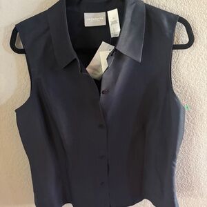 Liz Claiborne 100% Silk Sleeveless Button Front Blouse Navy 12/14 NWT See Measur